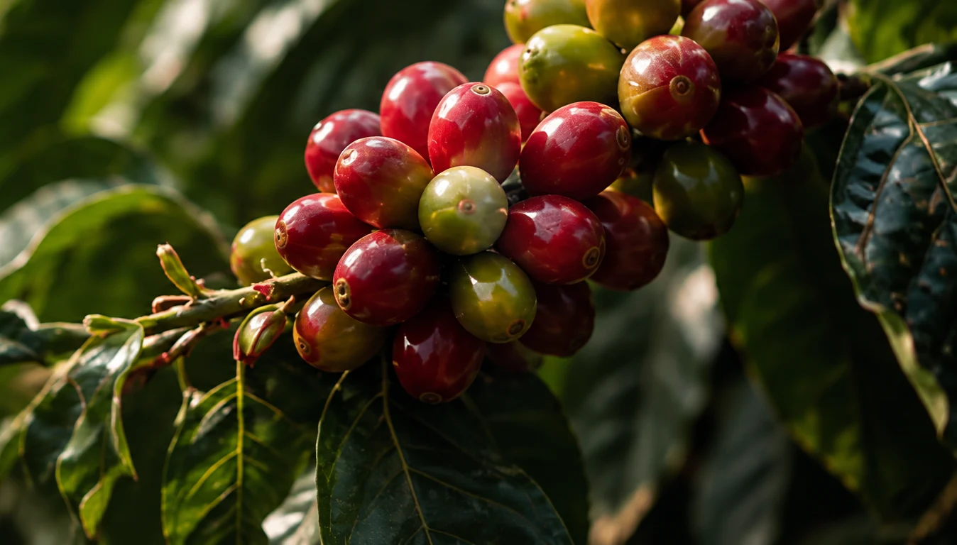 Ripe red and green coffee cherries on a branch among dark green leaves