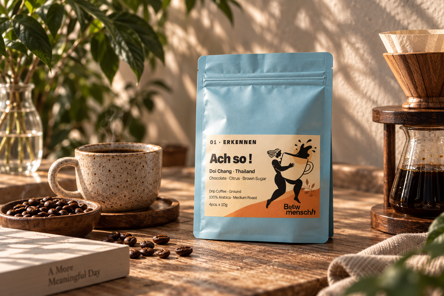 A BrewMensch 01 Erkennen drip coffee package on a wooden table beside a speckled ceramic cup of coffee, coffee beans, a book and a pour-over dripper
