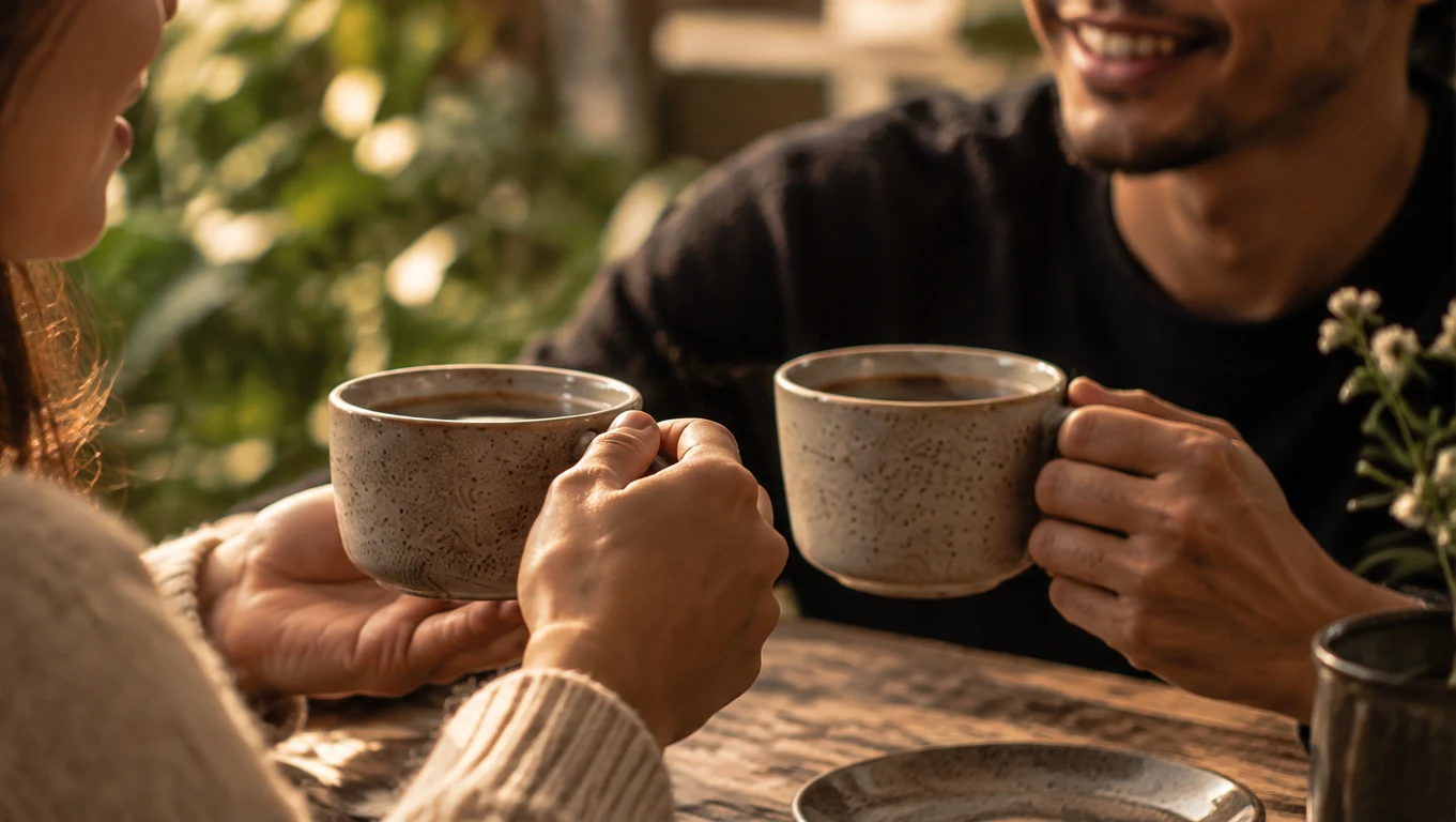 Two people at a wooden table holding speckled ceramic cups of coffee, one of them smiling
