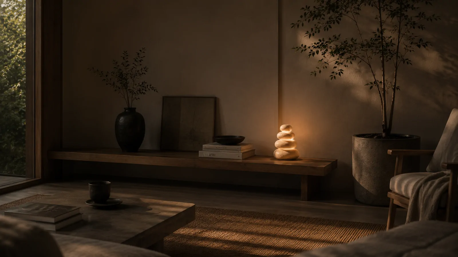 Pebbi in a calm, softly lit waiting space with a long bench and plants.