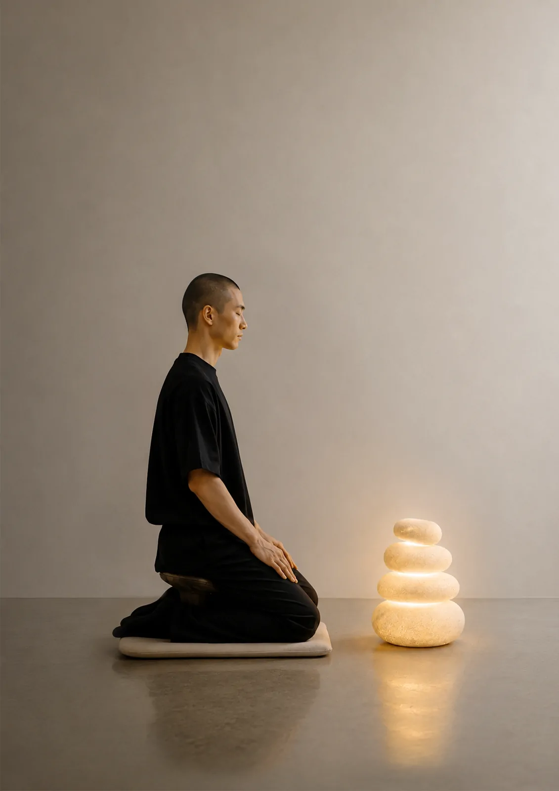 A person kneeling on the floor, facing Pebbi, against a pale wall.