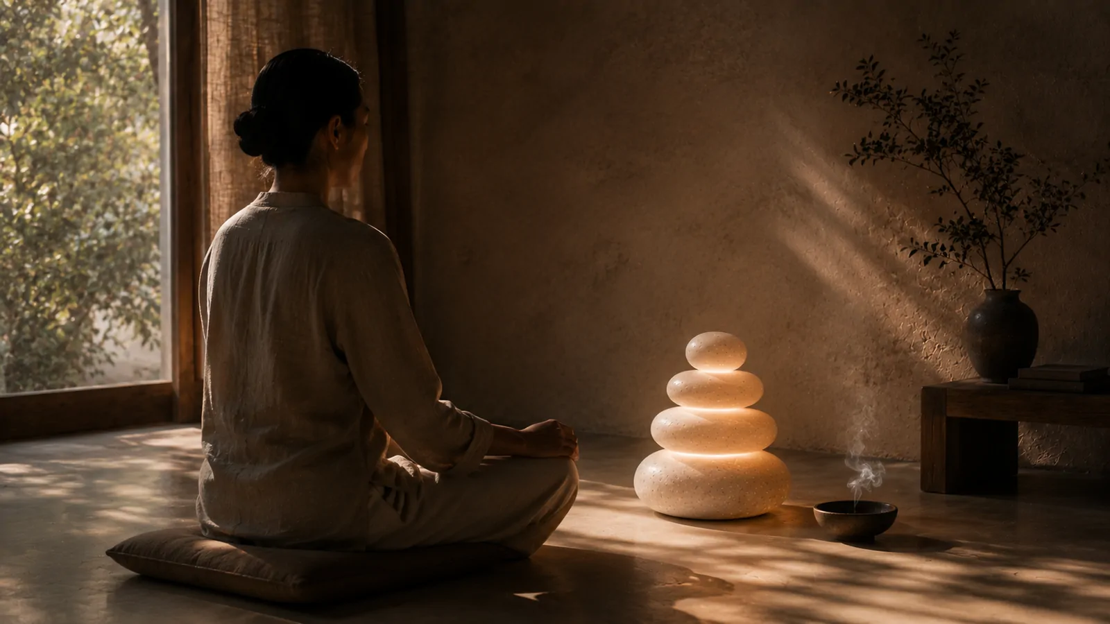 A person meditating cross-legged beside Pebbi in a sunlit room.
