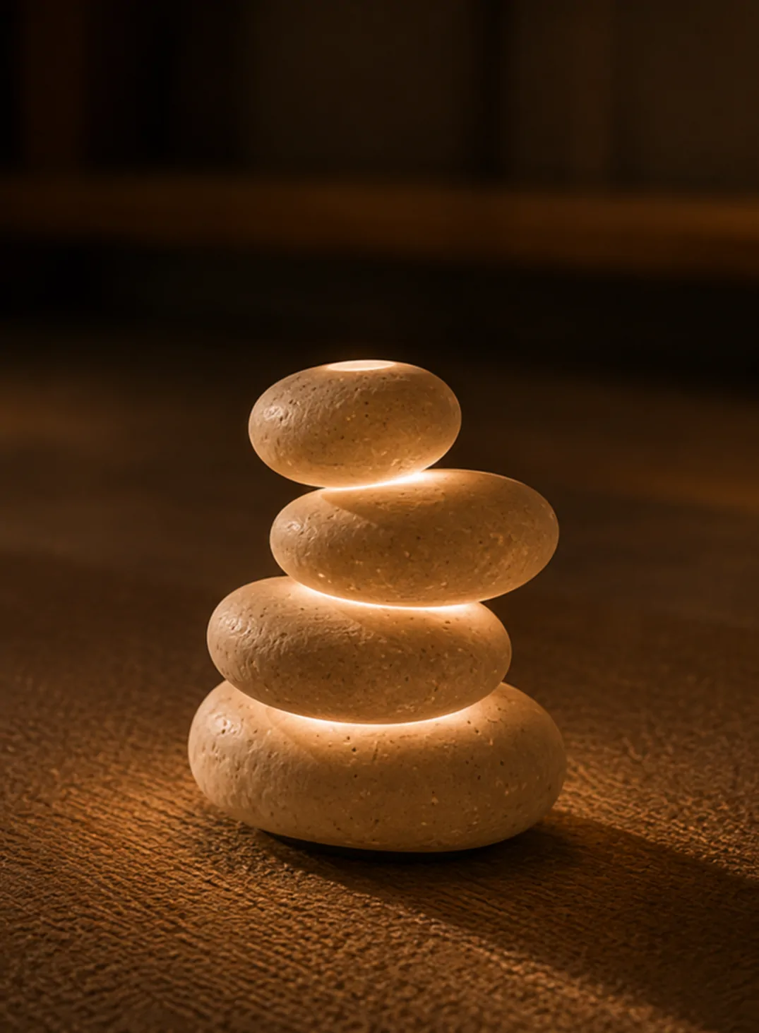 Pebbi's four stacked stones, lit from within, against a black background.