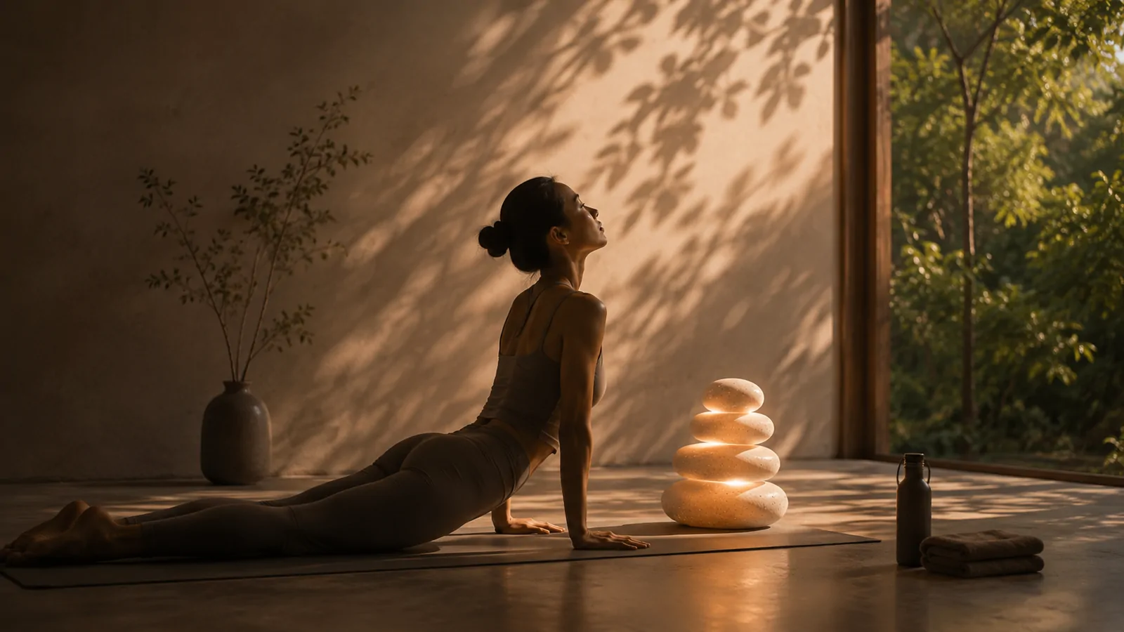 A person in a yoga pose on a mat, with Pebbi glowing nearby.